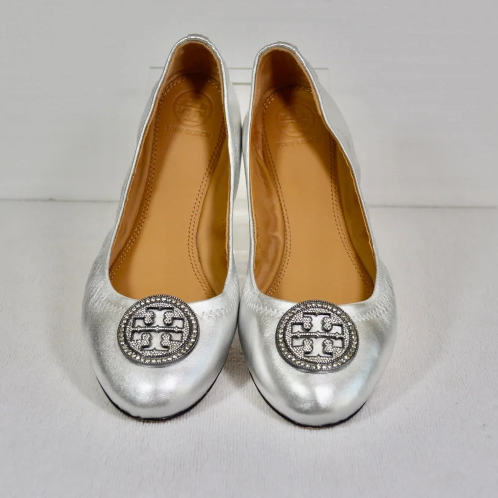 Tory Burch Women's Liana Round Toe Rhinestone Logo Metallic Leather Ball…